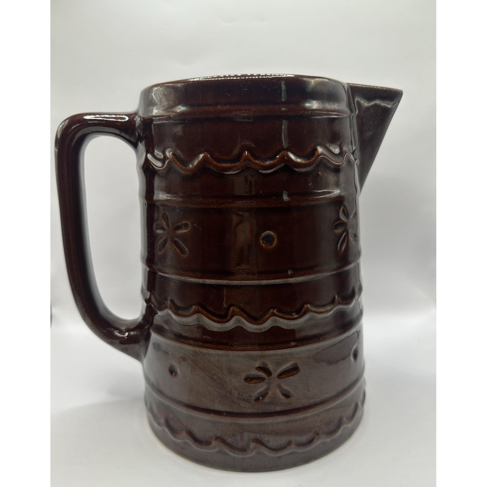 Vtg Marcrest Stoneware Pottery Brown 8" Tall Daisy Dot Pitcher Farmhouse Rustic